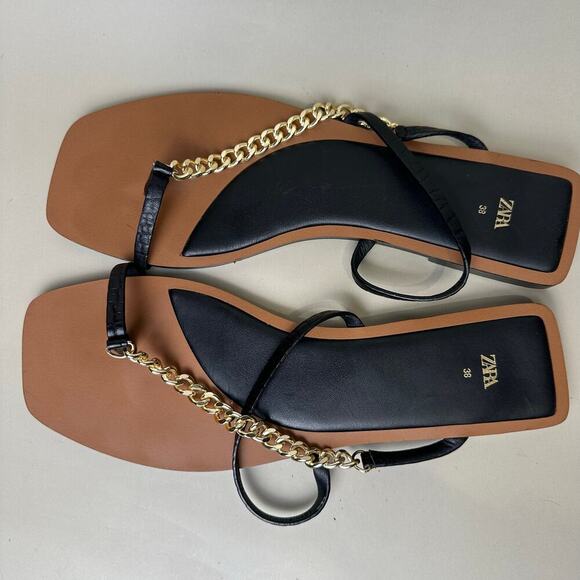 Zara Black Flat Sandals with Gold Chain Detail Stylish Women's Footwear Size 38 - Picture 2 of 4